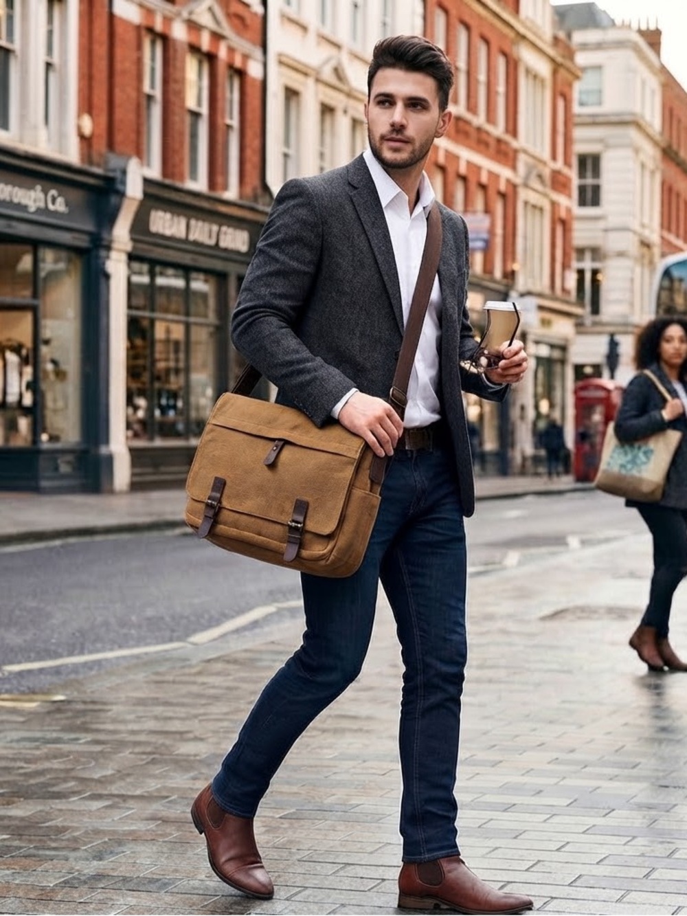 Men's Tan Canvas Messenger Bag with Adjustable Strap